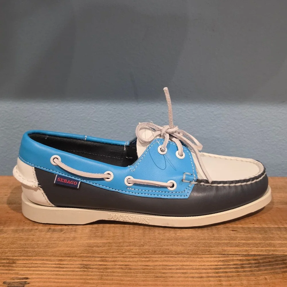 Sebago Womens Docksides Portland Spinnaker Boat Shoes Blue White Leather 8.5